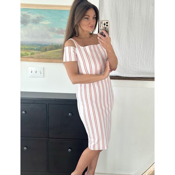 Calvin Klein Size 8 White Pink Stripe Midi Dress - Picture 3 of 5